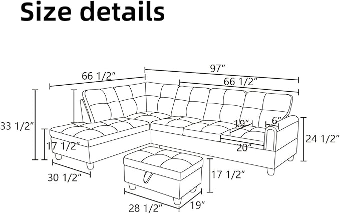 L Shaped Sectional Couches for Living Room, Modern Modular Sectional Sofa with Ottoman Storage, Comfy L Shaped Couch with Chaise for Bedroom Apartment Furniture, Black