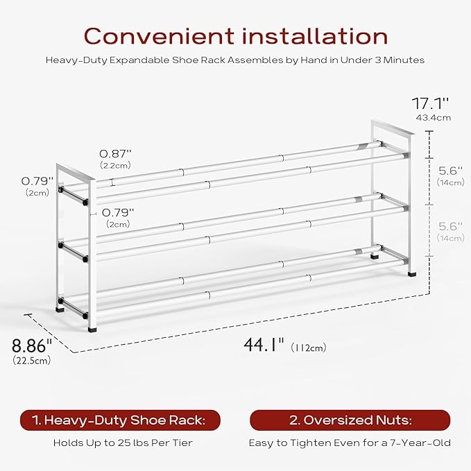 Bumusty 3-Tier Long Expandable Shoe Rack for Closet, 18"-44" Adjustable Shoe Rack for Entryway, 15-18 Pairs Large Shoe Organizer Shelf Storage, Sturdy Metal, White
