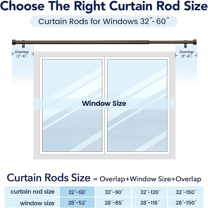 2 Pack Curtain Rods for Windows 28 to 48 Inch(2.3-4ft), 1 Inch Bronze Curtain Rods Set, Adjustable Heavy Duty Curtain Rod for Patio Bedroom Living Room, Modern Drapery Rods, Size 32"- 60"