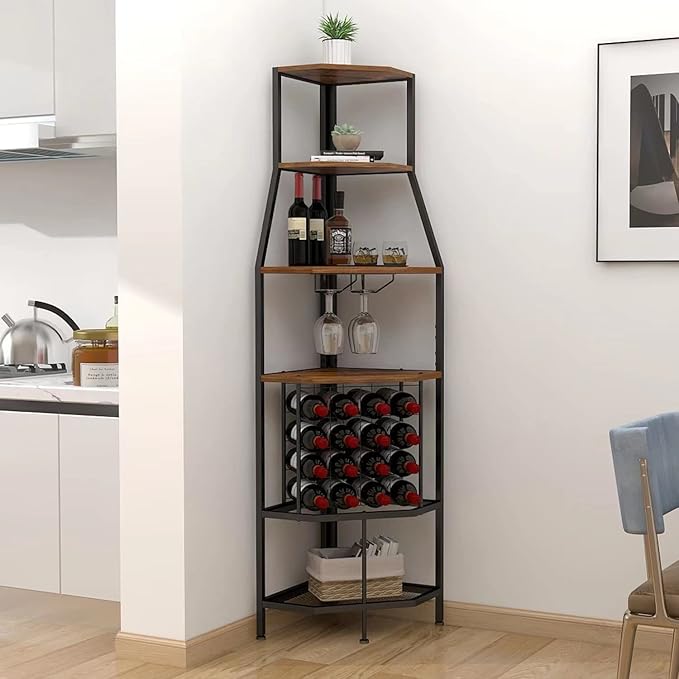 5-Tier Corner Wine Rack Floorstanding with Glass Holder and Bottles Wine Storage Home Bar Furniture for Home Kitchen Dining Room Industrial Metal and Wooden Corner Shelf