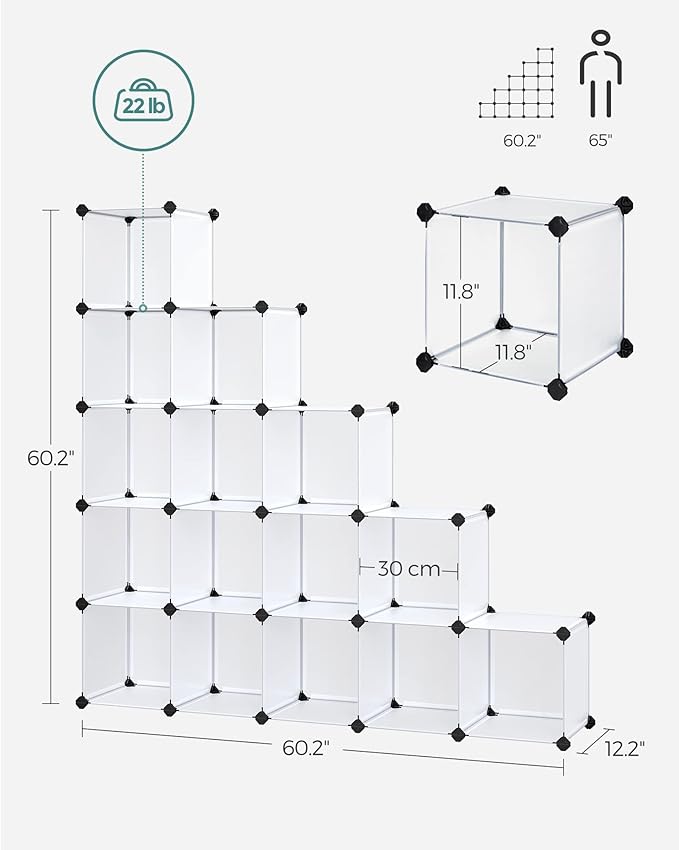 SONGMICS Cube Storage Organizer, Set of 16 Plastic Cubes, Book Shelf, Closet Organizers and Storage, Room Organization, Bedroom Living Room, 12.2 x 48.4 x 48.4 Inches, White ULPC44L