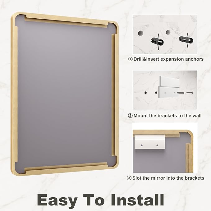 28x36 Gold Framed Bathroom Mirror, Brushed Gold Metal Vanity Mirror, Rectangle Modern Mirror for Wall, Rounded Corner, Tempered Glass, Anti-Rust, Shatterproof, Hangs Horizontally or Vertically