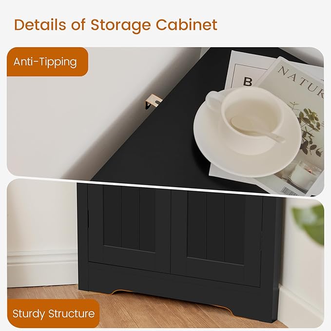 Iwell Corner Cabinet, Corner Bathroom Cabinet with 2 Doors & Adjustable Shelves, for Bathroom, Living Room, Kitchen, Black
