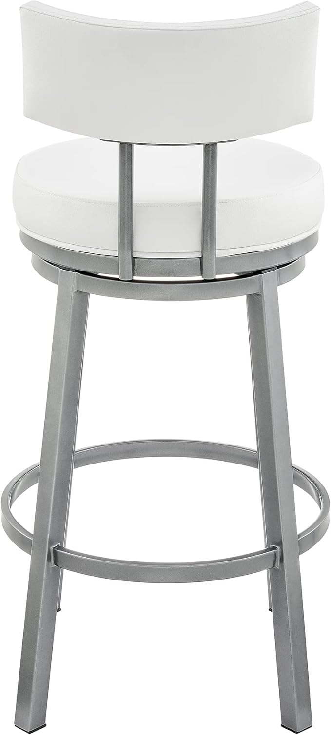 Armen Living Dalza Swivel Counter or Bar Stool in Cloud Finish with White Faux Leather