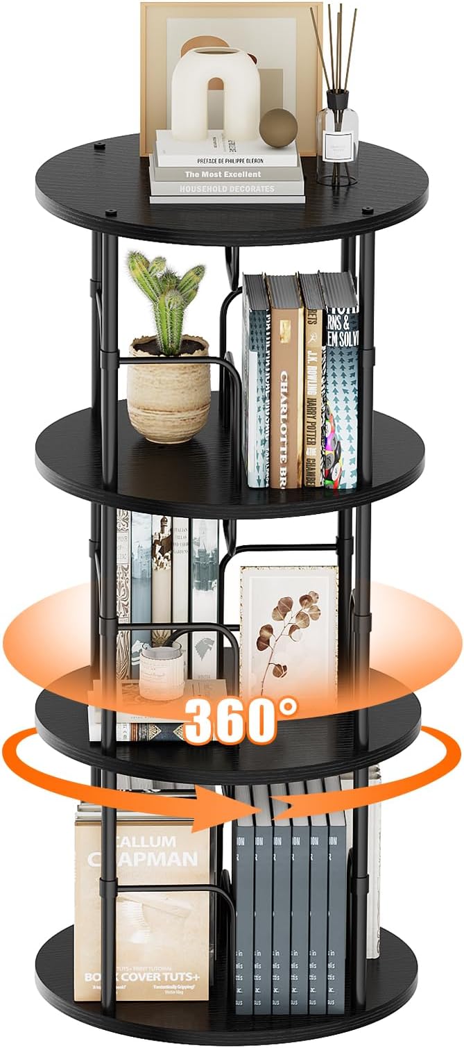 Rotating Bookshelf, 3 Tier Round Revolving Bookcase with Special Visible Partition Storage, 360° Display Spinning Small Bookshelf Tower Book Shelf Organizer for Bedroom, Small Space, Black