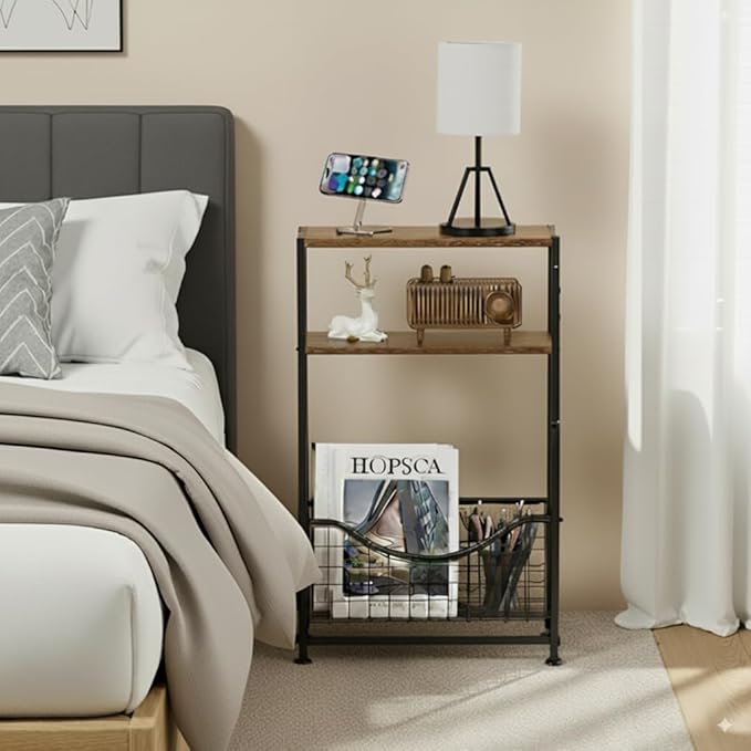 Narrow Side Table, Skinny Small End Tables with Magazine Holder, 3 Tier Small Sofa Side Table for Smalls Spaces, Sofa Couch Tables Bedside Table for Living Room Bedroom Office