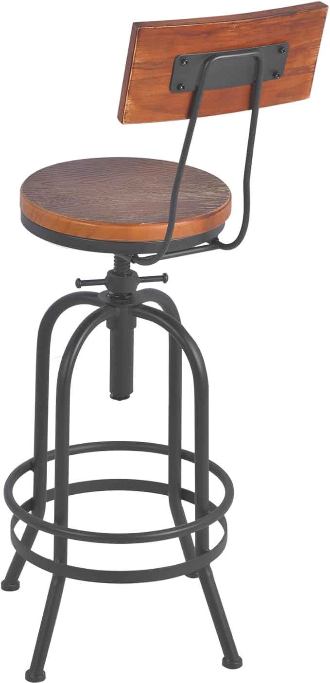Set of 2-Industrial Bar Stools with Backrest-Swivel Wood Seat-Bar Counter Height Adjustable 26-32.2inch-Kitchen Island Dining Chair
