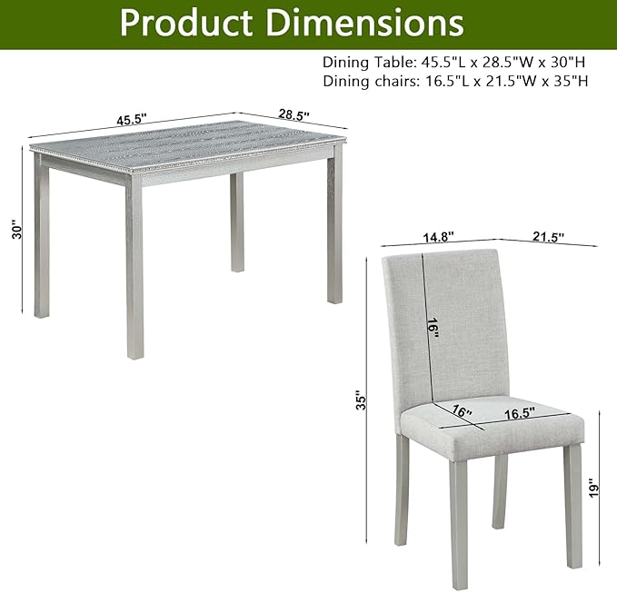 KEIKI 5-Piece Standard Height Dining Table Set with Rectangular Table and 4 Upholstered Chair, for 4 Person, Crystal Decoration Wooden Table Set, Easy Assembly, for Kitchen, Dining Room, Silver Grey