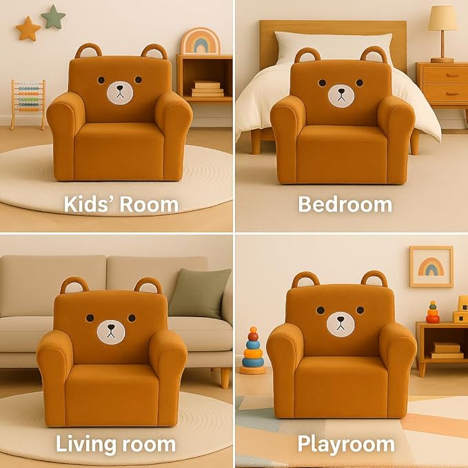 Cute Animal Toddler Foam Chair, Soft Faux Rabbit Fur, Comfy Toddler Lounge Chair and Couch with Arms, Removable Washable Cover, Kids Reading, Relaxing, for Playroom, Bedroom, Ages 1-3, Bear