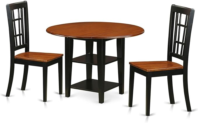 East West Furniture SUNI3-BCH-W 3 Piece Dinette Set for Small Spaces Contains a Round Dining Table with Dropleaf & Shelves and 2 Dining Chairs, 42x42 Inch, Black & Cherry