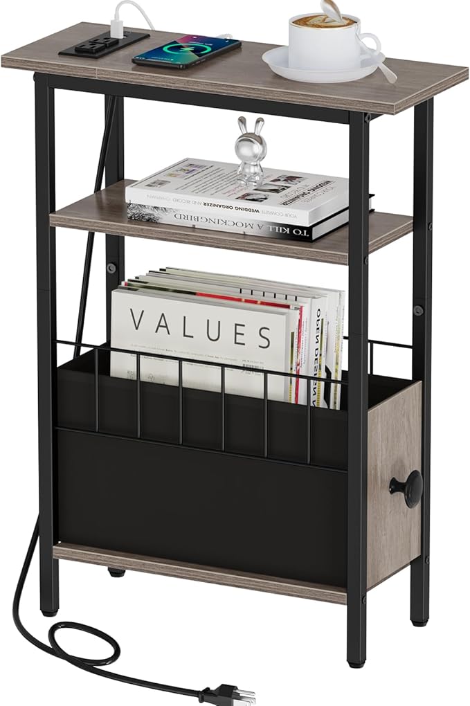 Snughome Narrow Side Table with Charging Station, Slim End Table for Small Spaces, 3 Tier Skinny Nightstand with Drawer, Sofa Beside Table with Storage Shelf for Living Room Bedroom Grey