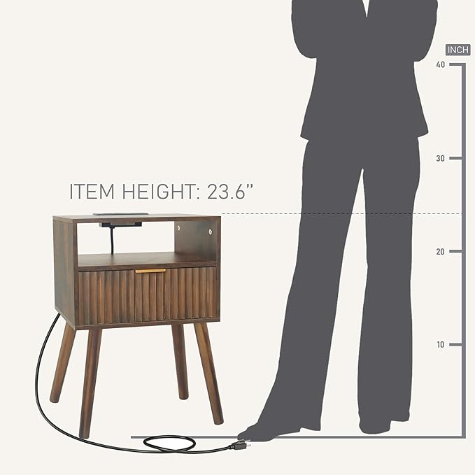 Mid Cetury Modern Nightstand with Charging Station, Fluted Bedside Table with Storage, Modern Side End Table with Solid Wood Legs for Bedroom, Dorm and Small Space (Rustic Brown)