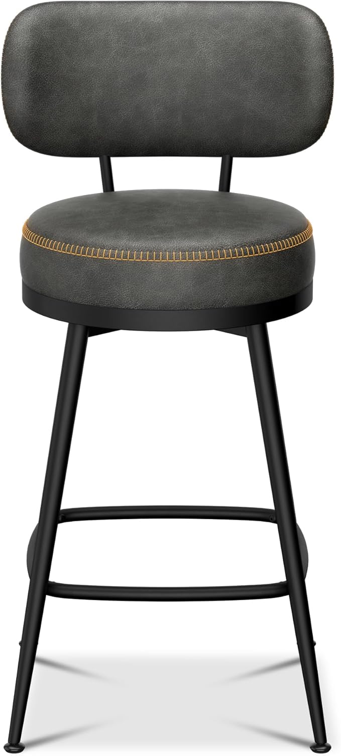 Counter Height Bar Stools, 26" H Swivel Barstools Set of 2, Faux Leather Kitchen Counter Stools with Back and Stylish Stitching, Metal Frame, Pub, Home Bar, Black Grey
