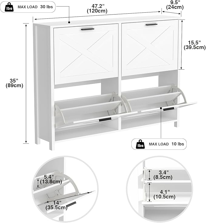 47" W Large Shoe Storage Cabinet with 4 Flip Drawers, Freestanding Hidden Shoe Cabinet Organizer with Adjustable Shelf, Narrow Shoe Cabinet for Entryway Hallway Living Room