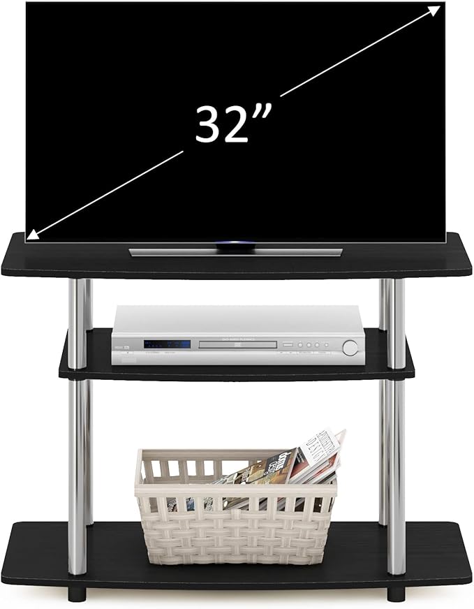 Furinno Turn-N-Tube No Tools 3-Tier Entertainment Center TV Stand for TV up to 32 Inch, Stainless Steel Tubes, Americano/Chrome