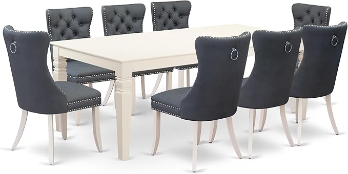 East West Furniture LGDA9-LWH-13 9 Piece Kitchen Set Includes a Rectangle Dining Table with Butterfly Leaf and 8 Polyester Fabric Upholstered Chairs, linen white