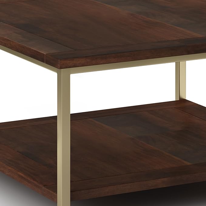 SIMPLIHOME Skyler SOLID MANGO WOOD and Metal 34 inch Wide Square Industrial Coffee Table in Dark Brown / Gold for the Living Room and Family Room