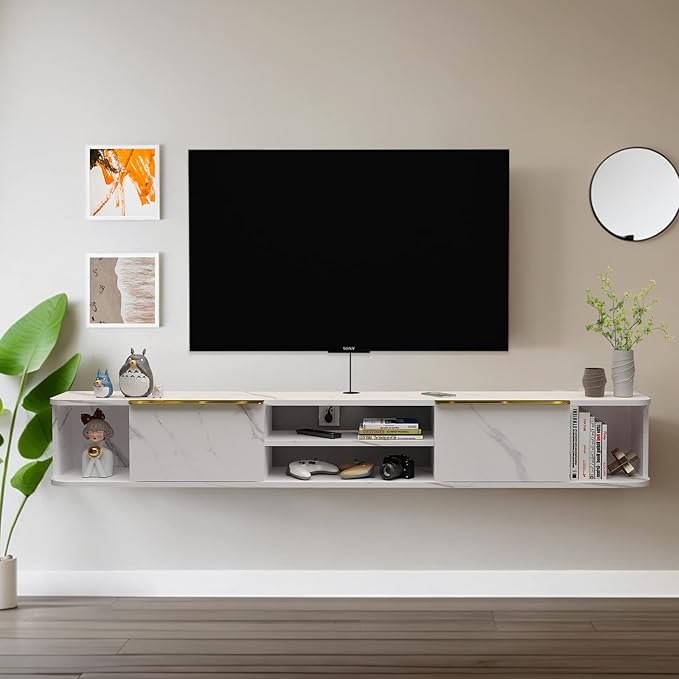 Pmnianhua Floating TV Stand with 2 Drawers,70'' Wall Mounted TV Shelf,Floating Shelf Under TV,Floating TV Console with Cabinets for Bedroom Living Room(White)