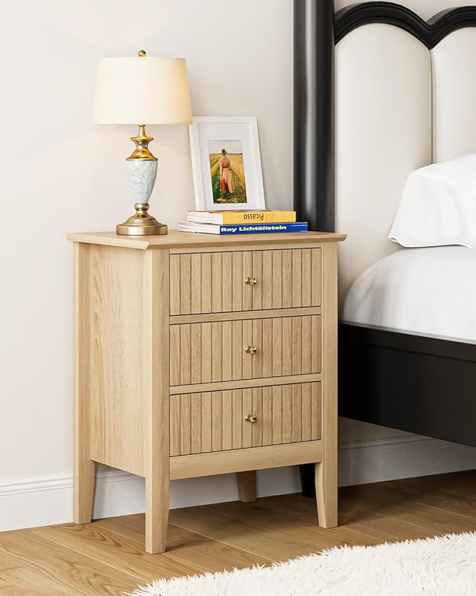 Fluted Nightstand, Farmhouse Night Stand with 3 Drawers, Mid Century Modern Side Accent Table,Bedside End Table for Bedroom, Living Room, Natural