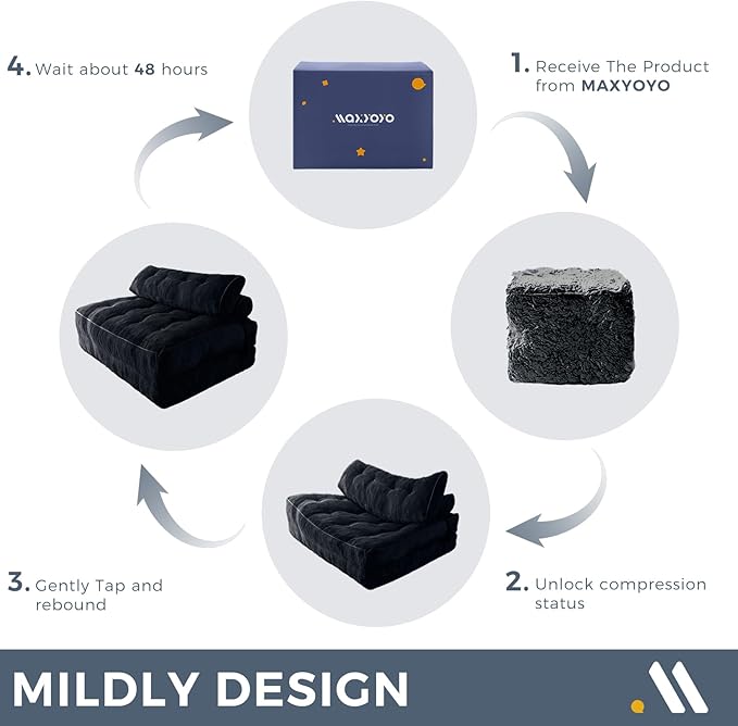 MAXYOYO Folding Sofa Bed, Convertible Sleeper Chair with Pillow Foldable Matress with Back Support, Portable Fold Out Chair Bed Comfy Floor Sofa Lounge for Living Room Bedroom, Black Double