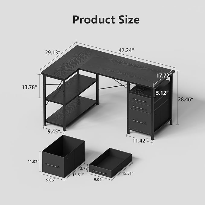47" Computer Desk with Drawers, Desks for Bedrooms, Writing Desk with Storage, Work Desk for Small Space, Black