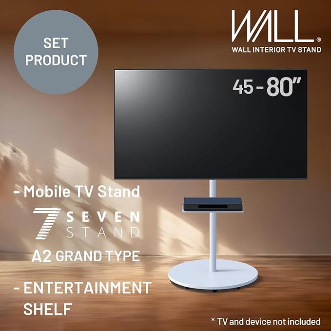 WALL Seven Stand A2 Grand | Rolling TV Stand for 45–80" w/ 15.75" AV Shelf | Satin White | Portable TV Stand with Shelf | Height Adjustable, Space Saving, for Living Room, Bedroom and Office