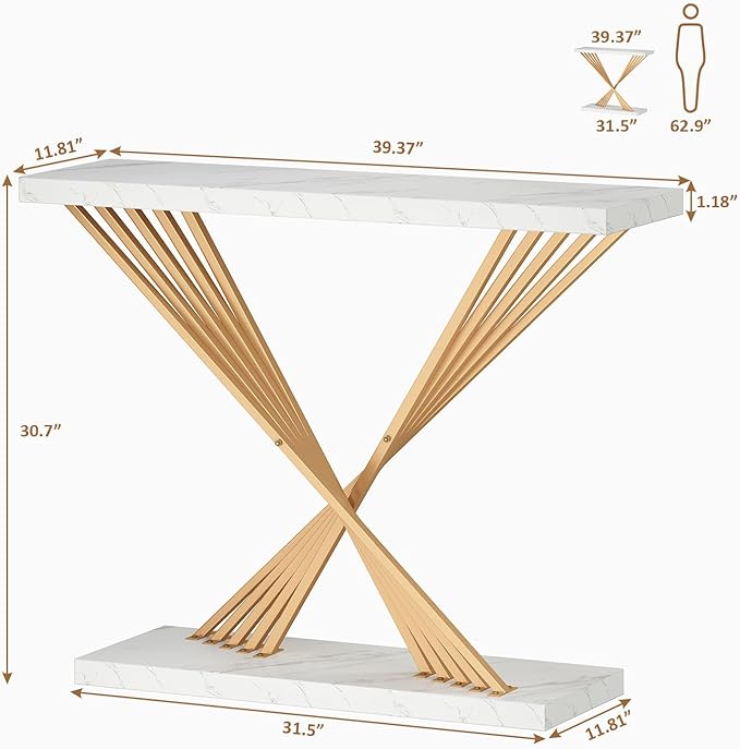 39.4 Inch Gold Console Table, White Faux Marble Modern Entryway Table Sofa Tables Behind The Couch for Entrance Hallway Living Room, X-Shape