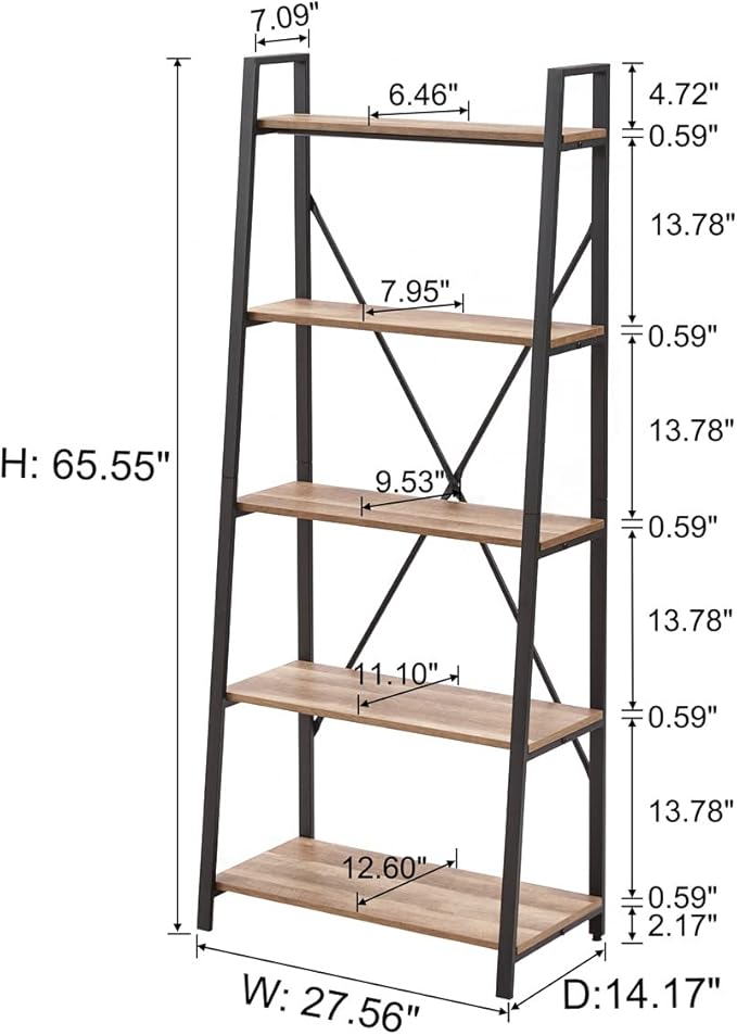 BON AUGURE Industrial 5 Tier Ladder Bookshelf, Wood and Metal Ladder Shelf Bookcase, Farmhouse Leaning Shelves for Living Room (Vintage Oak)