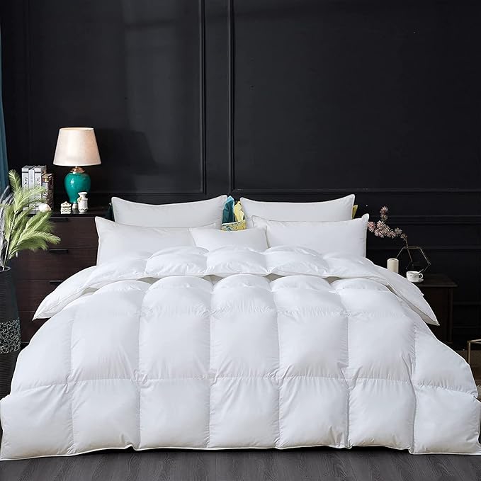 Luxurious Goose Down Feather Fiber Comforter Duvet Insert, Exquisite Solid White Design, Oversize Palatial King White 120 x 98, Premium Baffle Box 100% Egyptian Cotton, 80 oz Fill Weight