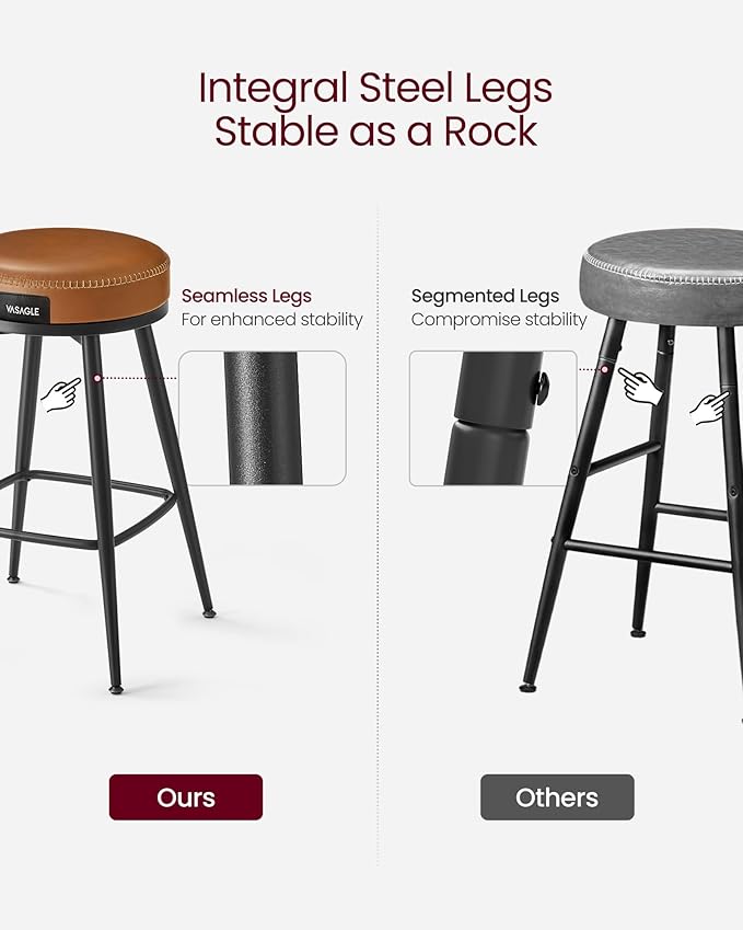 VASAGLE EKHO Collection - Swivel Bar Stools Set of 2, Counter Height Backless Bar Stools, Synthetic Leather with Stitching, Mid-Century Modern, 25.6-Inch Tall Kitchen Barstools for Home, Caramel Brown