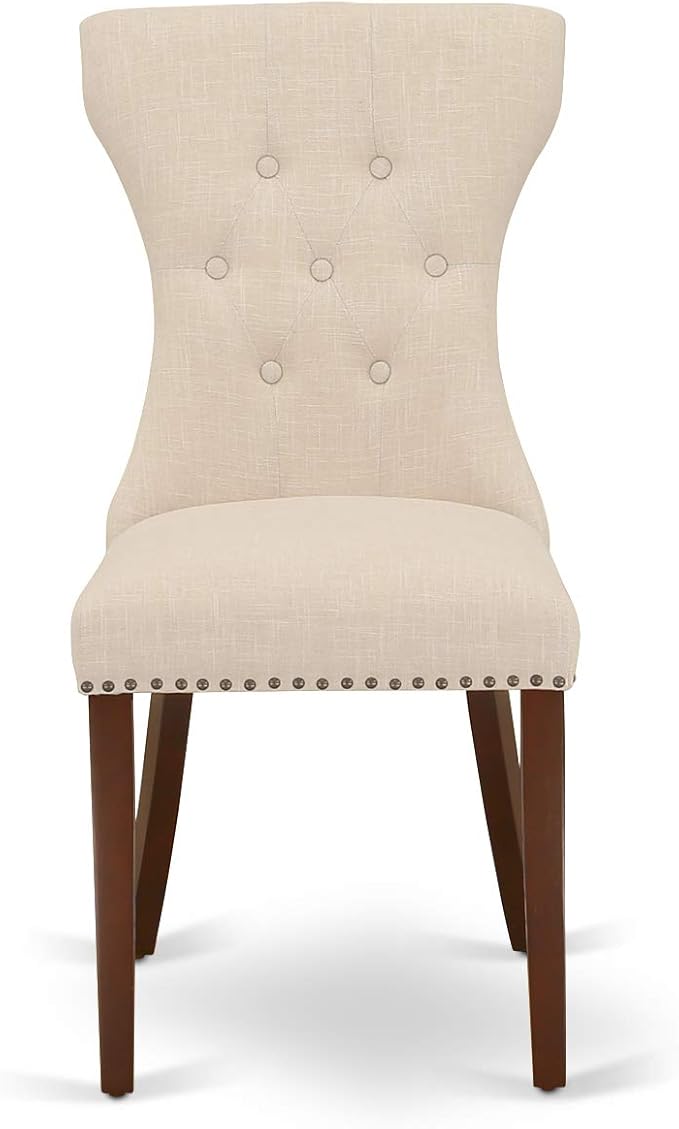 East West Furniture MLGA3-MAH-32 3 Piece Dining Room Table Set Contains a Rectangle Kitchen Table with Butterfly Leaf and 2 Light Beige Linen Fabric Parson Chairs, 36x54 Inch, Mahogany
