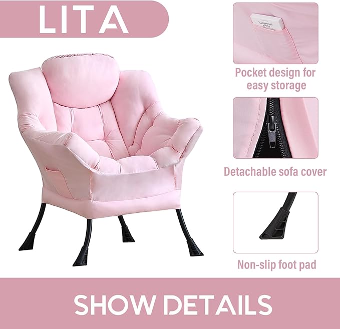 LITA Lazy Chair with Ottoman, Modern Accent Leisure Upholstered Sofa, Contemporary Lounge Reading Chair with Armrests and a Side Pocket for Living Room, Bedroom & Small Space, Single Pink