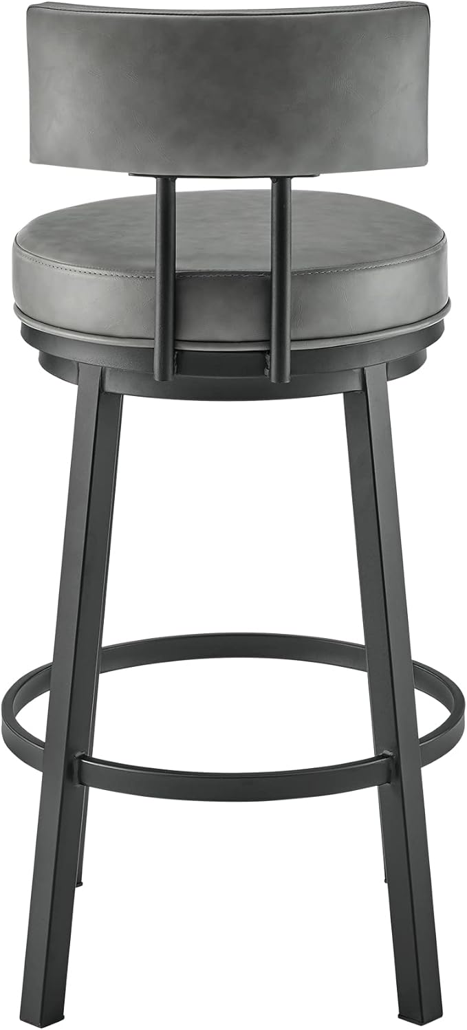 Armen Living Dalza Swivel Counter or Bar Stool in Black Finish with Grey Faux Leather