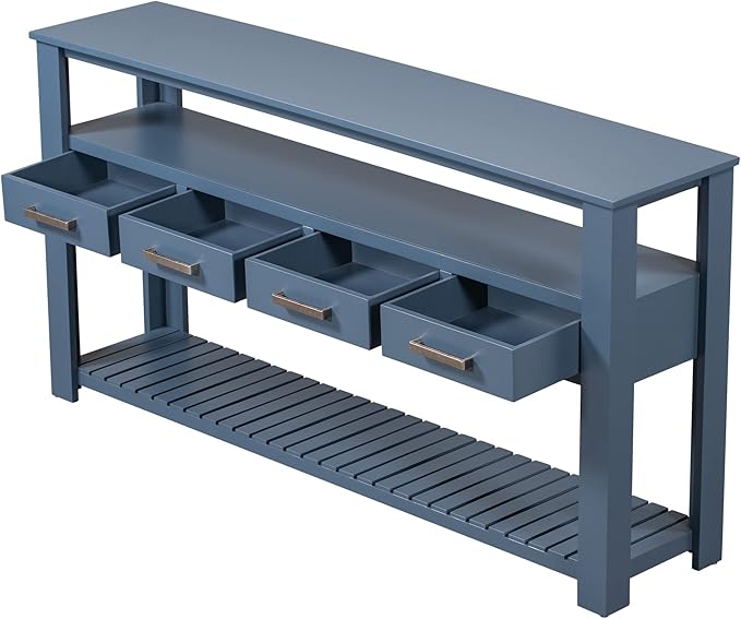 Ball & Cast 62.2“ Contemporary 4 Drawers Console Table, Long Entryway-Table with Drawer & 3 Tier Shelves, FarmhouseWood Storage Sofa Couch-Tables for Entrance Hallway Living, Blue