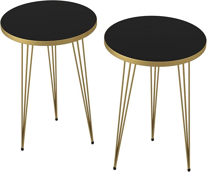 PAK HOME Set of 2 End Tables Round Wood Sofa Side Coffee Tables for Small Spaces, Nightstand Bedside Table with Metal Legs for Bedroom, Living Room, Office, Balcony (Black High Gloss)
