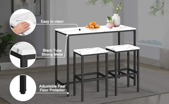 Aklaus Bar Table Set,44" White Faux Marble Top Bar Table and Chairs Set,Counter Height Bar Table with 2 Bar Stools,3 Piece Kitchen Breakfast Table for Living Room Dining Room Apartment