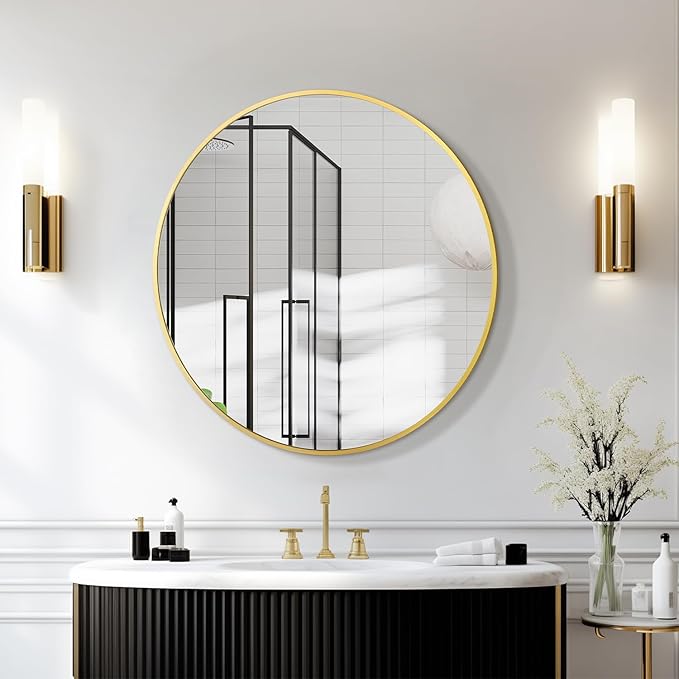Round Mirrors for Wall Decor 28 Inch Gold Mirror Round Bathroom Mirror Matte Gold Wall Mirror Brushed Metal Frame Anti-Rust Tempered Glass for Bathroom Bedroom Living