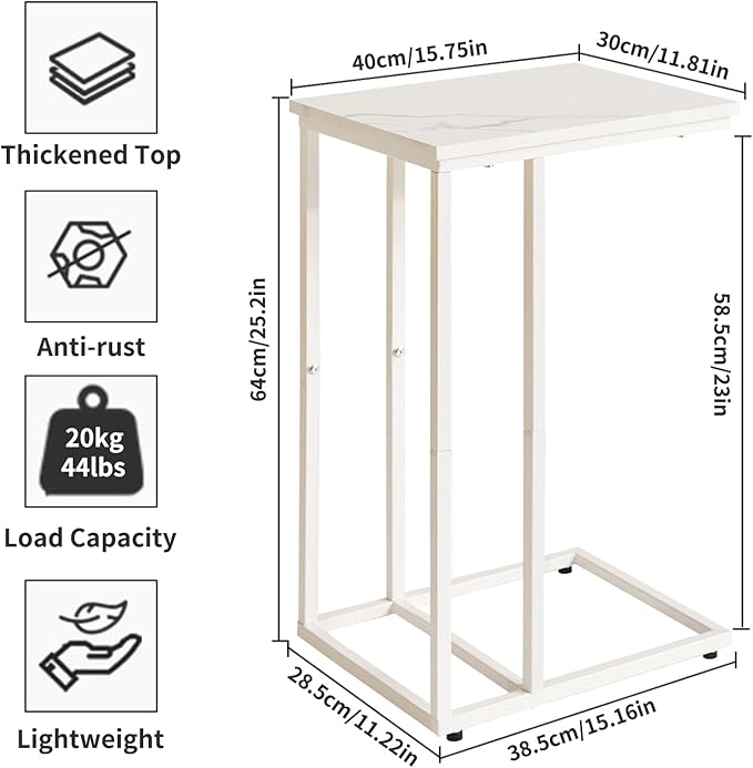 C Shaped End Table, Small Side Table for Sofa and Bed, White Bedside Table, Laptop Desk for Couch 16x12x25 inch Faux Marble+White YD-TM051W