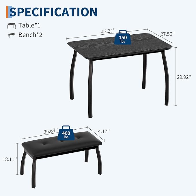 GAOMON Dining Table Set for 4, Metal Frame Kitchen Table Set with 2 Upholstered Bench, 3 Piece Dining Room Table Furniture for Apartment, Studio, Home, Easy Assembly, Black