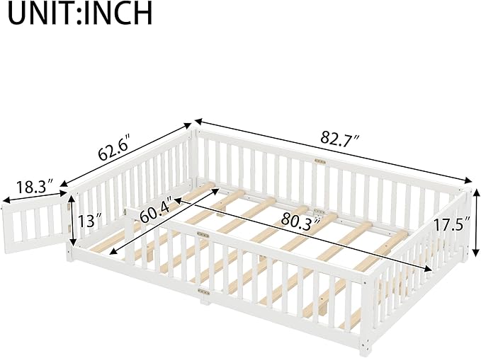 Queen Size Floor Bed Frame with Slats and Safety Guardrail, Wood Queen Size Montessori Floor Bed with Door and Fence, Easy Assemble Montessori Beds for Kids, Girls, Boys, White