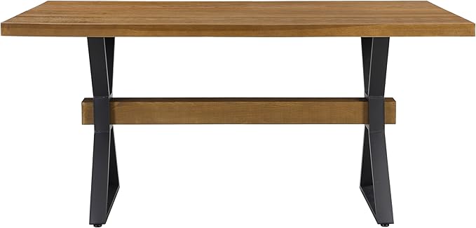 Christopher Knight Home Keyats 63 Inch Dining Table for 6 People, Modern Farmhouse Kitchen Table with X-Shaped Metal Legs, Rectangular Dinner Furniture for Dining Room, Home Office, Brown