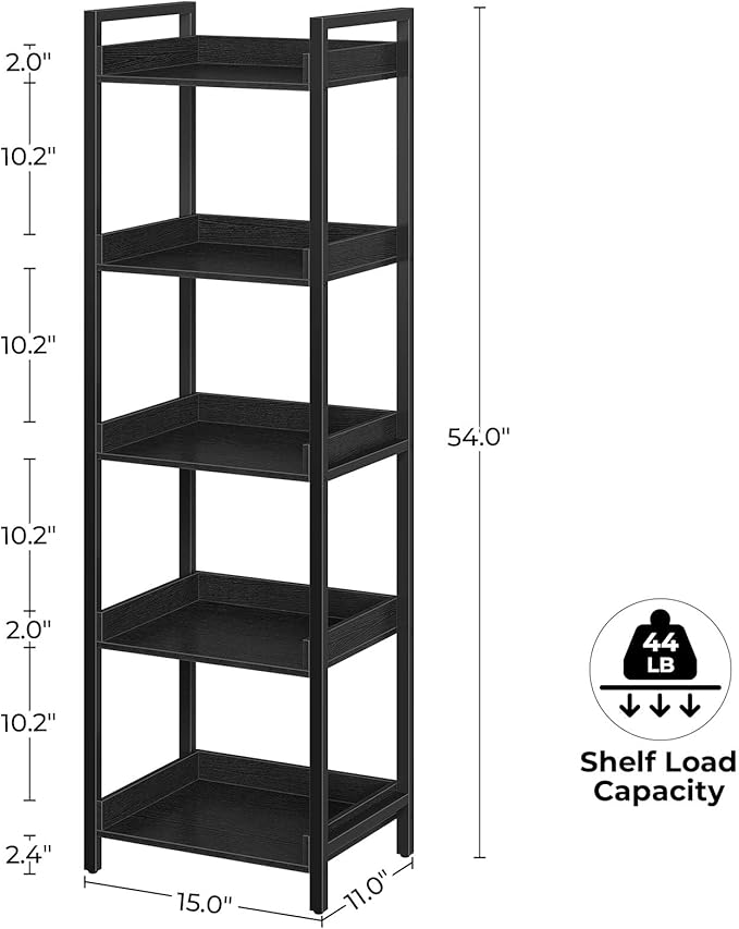 Rolanstar Bookshelf, 5-Tier Storage Rack, Narrow Corner Bookshelf, Display Wooden Shelves for Living Room, Bathroom, Balcony, Kitchen,Black