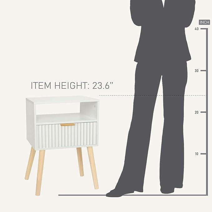 Night Stand, White Bedside Table with Drawers and Open Shelf, Fluted Nightstand with Solid Wood Legs for Bedroom, Dorm and Small Space (White)