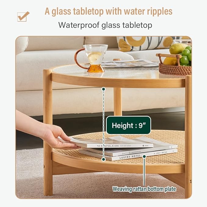 Tiita Rattan Coffee Table, Large Round End Table, 27.6 Inch Modern Side Table, Living Room Side Table, Glass Sofa End Table for Balcony and Office Outdoor/Indoor (Wood)