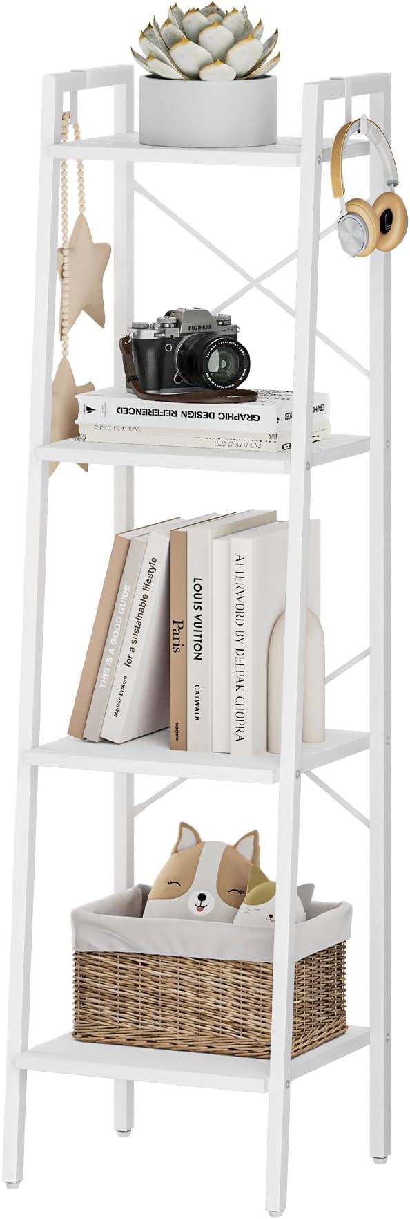Ladder Shelf, Bookshelf Bookcase, Freestanding Corner Storage Shelve with 2 Hooks for Home Office, Living Room, Kitchen, Bedroom, Industrial, 4-Tier White BC13213W