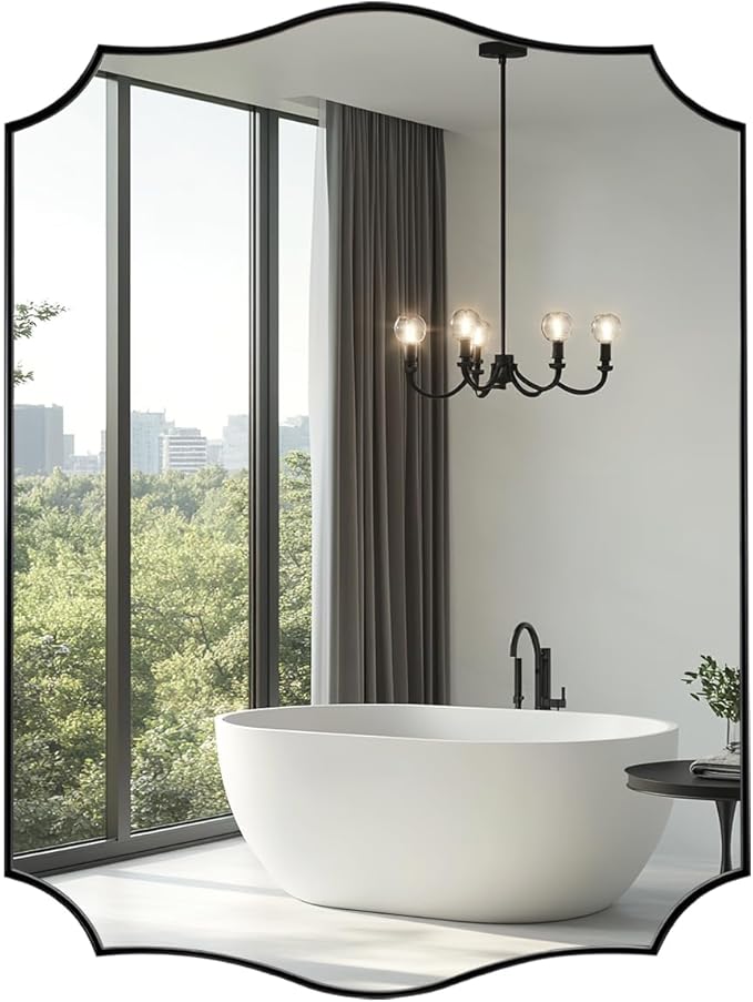 Black Bathroom Mirror, 24x32 Unique Irregular Mirror, Rectangle Mirror with Wavy Edge in Premium Stainless Steel Metal Frame 1" Deep, Wall Mounted Horizontal/Vertical