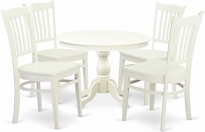 East West Furniture HBGR5-LWH-W 5 Piece Kitchen Table & Chairs Set Includes a Round Dining Room Table with Pedestal and 4 Dining Chairs, 42x42 Inch, Linen White