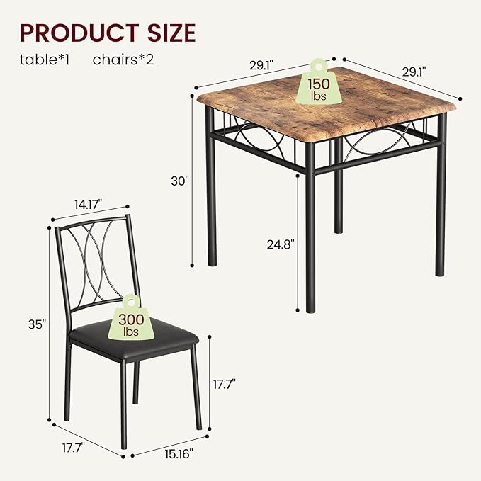 Dining Table Set for 2, Kitchen Table with 2 Upholstered Chairs, Wood 3-Piece Kitchen Dining Room Table Set for Apartment, Small Space, Space Saving, Retro Brown