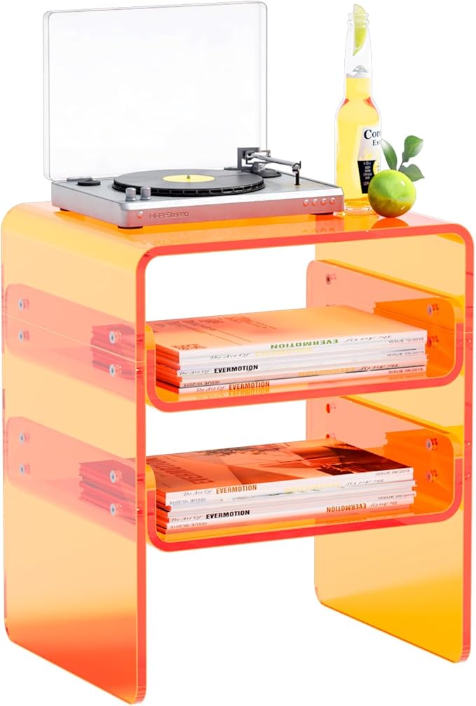Clear Acrylic 3-Tier End Table/Nightstand – Sleek Bedside Storage with Durable Design, Perfect for Bedrooms, Living Rooms, or Modern Interiors – Ideal as a Bedside Table or Sofa Side Piece (Orange)