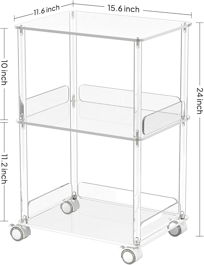 AQUIVER Acrylic Rolling Side Table - 3 Tiers End Table with Lockable Wheels - Small Clear Table for Living Room, Bedroom, Office - 15.6'' L x 11.6'' W x 24'' H